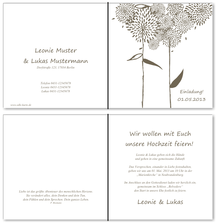  Einladungskarten Hochzeit, Hochzeitseinladungen, Hochzeitskarten, Einladungen f&uuml;r Hochzeit