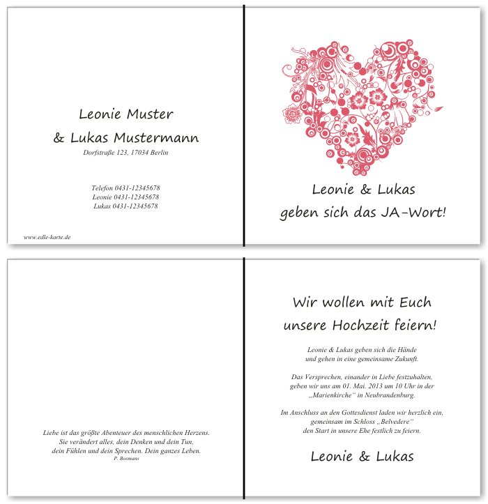  Einladungskarten Hochzeit, Hochzeitseinladungen, Hochzeitskarten, Einladungen f&uuml;r Hochzeit