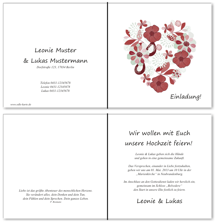  Einladungskarten Hochzeit, Hochzeitseinladungen, Hochzeitskarten, Einladungen f&uuml;r Hochzeit