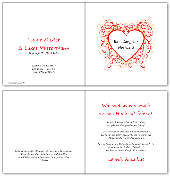  Einladungskarten Hochzeit, Hochzeitseinladungen, Hochzeitskarten, Einladungen f&uuml;r Hochzeit