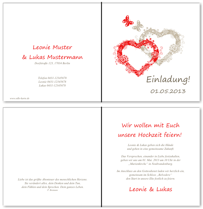  Einladungskarten Hochzeit, Hochzeitseinladungen, Hochzeitskarten, Einladungen f&uuml;r Hochzeit
