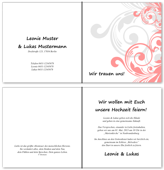  Einladungskarten Hochzeit, Hochzeitseinladungen, Hochzeitskarten, Einladungen f&uuml;r Hochzeit