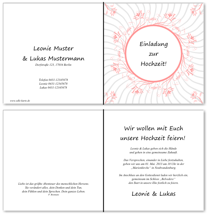  Einladungskarten Hochzeit, Hochzeitseinladungen, Hochzeitskarten, Einladungen f&uuml;r Hochzeit