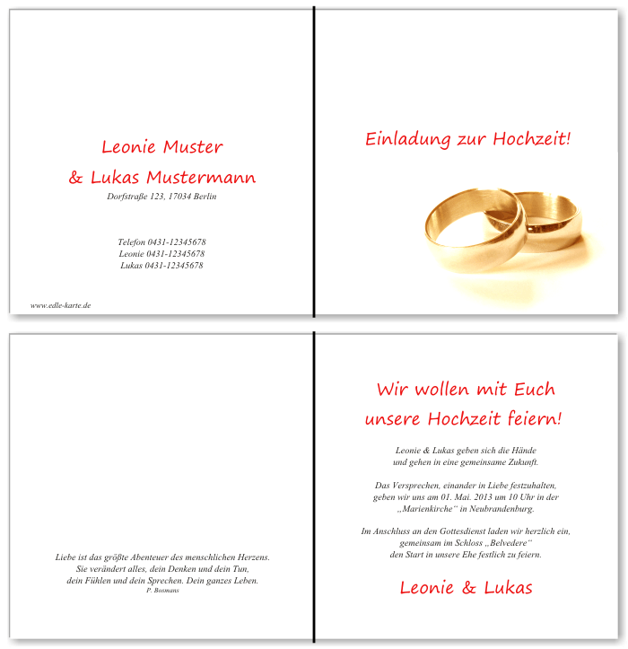  Einladungskarten Hochzeit, Hochzeitseinladungen, Hochzeitskarten, Einladungen f&uuml;r Hochzeit